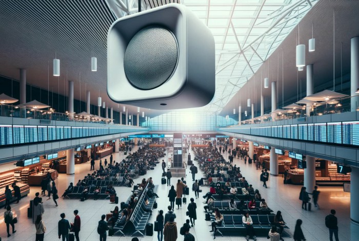 People listening to audio announcements at the airport