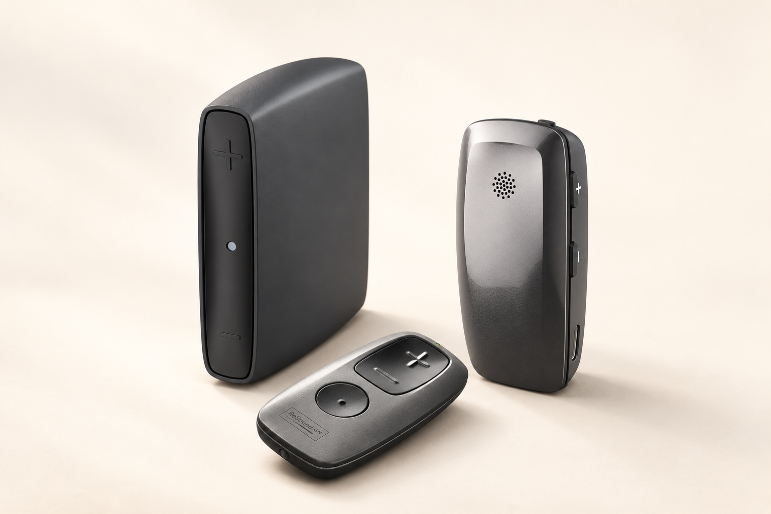 ReSound TV-Streamer+, Remote Control and Multi-Mic+ arranged together