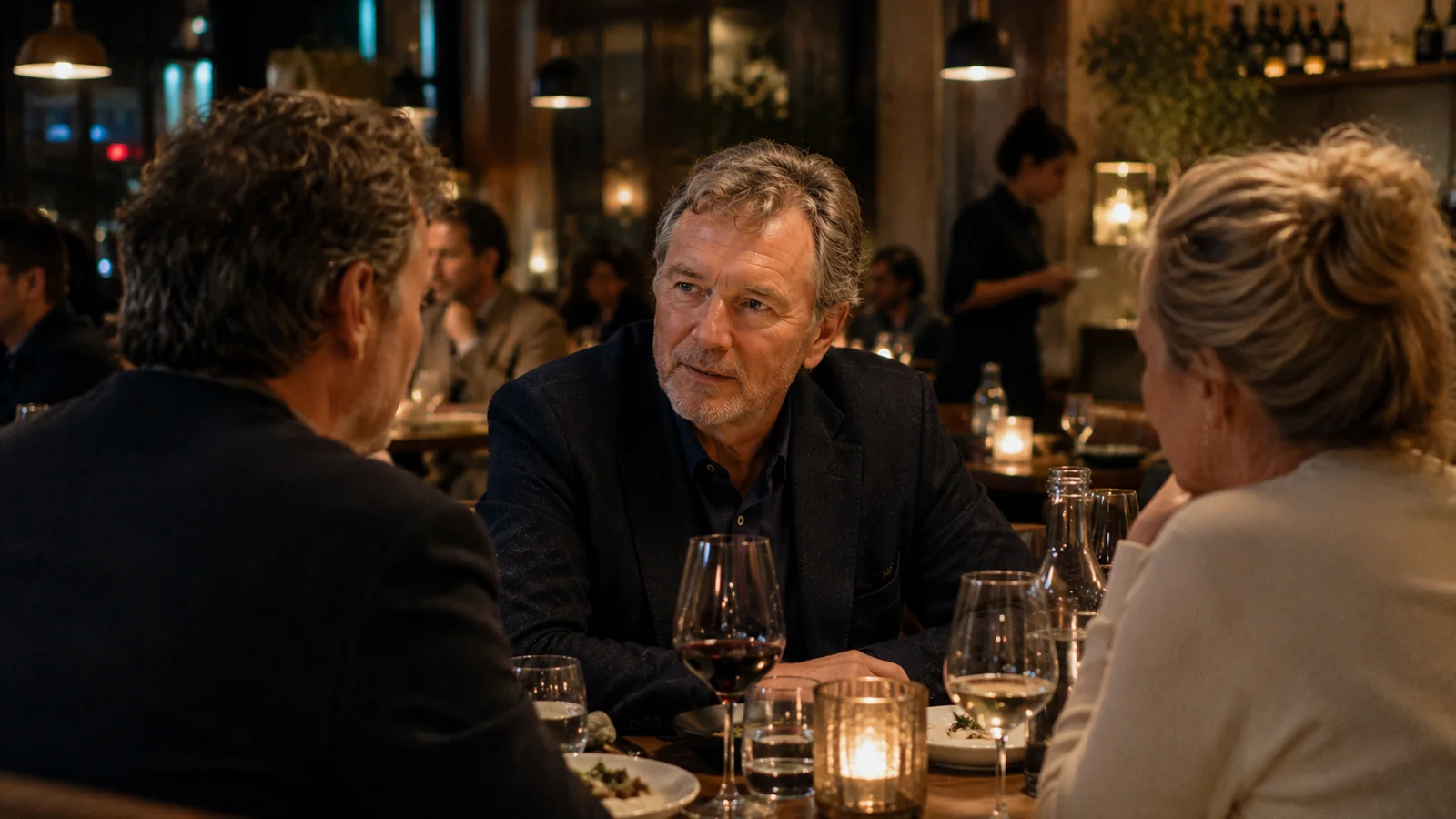 People talking in a busy restaurant, illustrating difficulty hearing speech in background noise