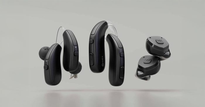 Widex Allure hearing aids. Receiver in the canal on the left, Behind the ear in the middle, rechargeable ITEs on the right