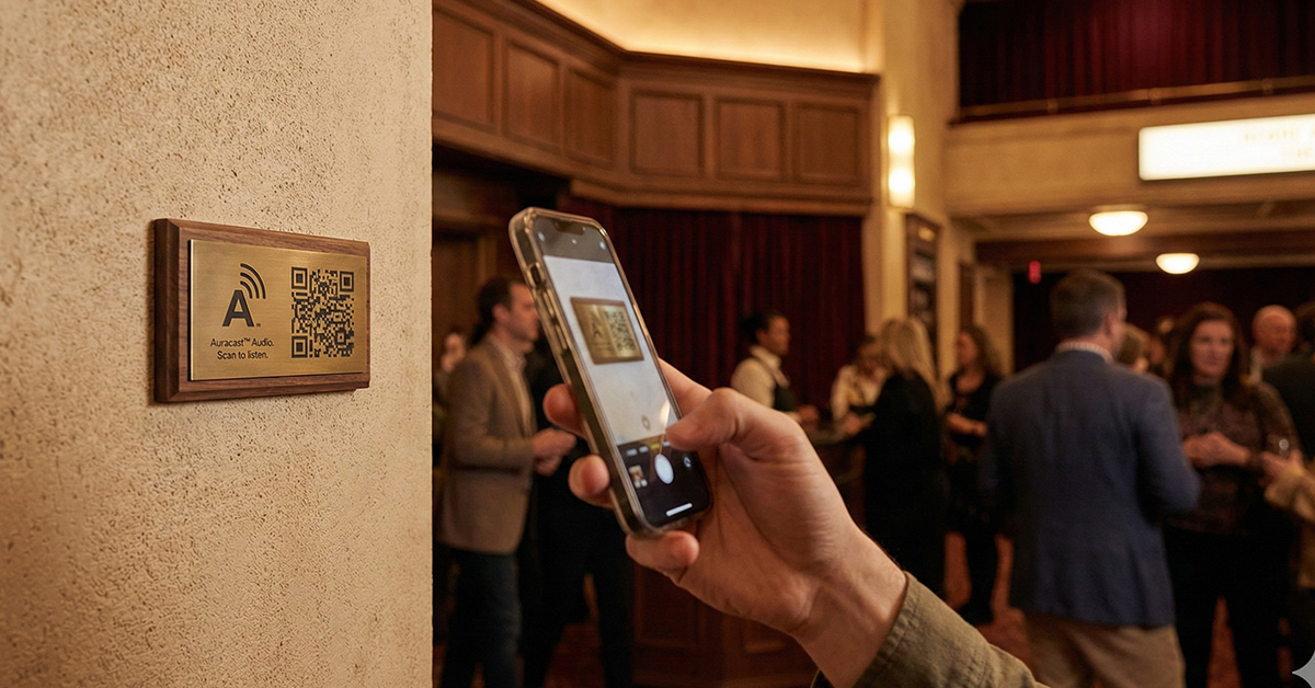 Auracast - image depicting how a user can use their phone to scan a QR code to join an Auracast broadcast