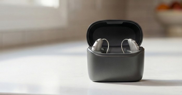 Unitron rechargeable hearing aids on kitchen side - hearing loss and hearing aids.