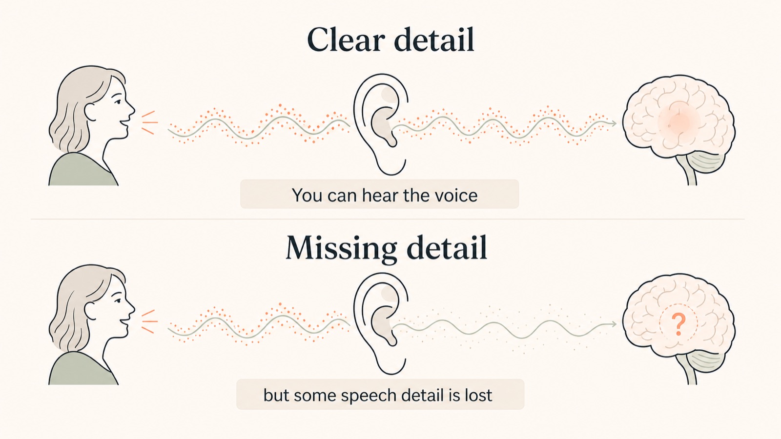 Diagram showing how hearing loss can reduce speech detail while the voice is still audible