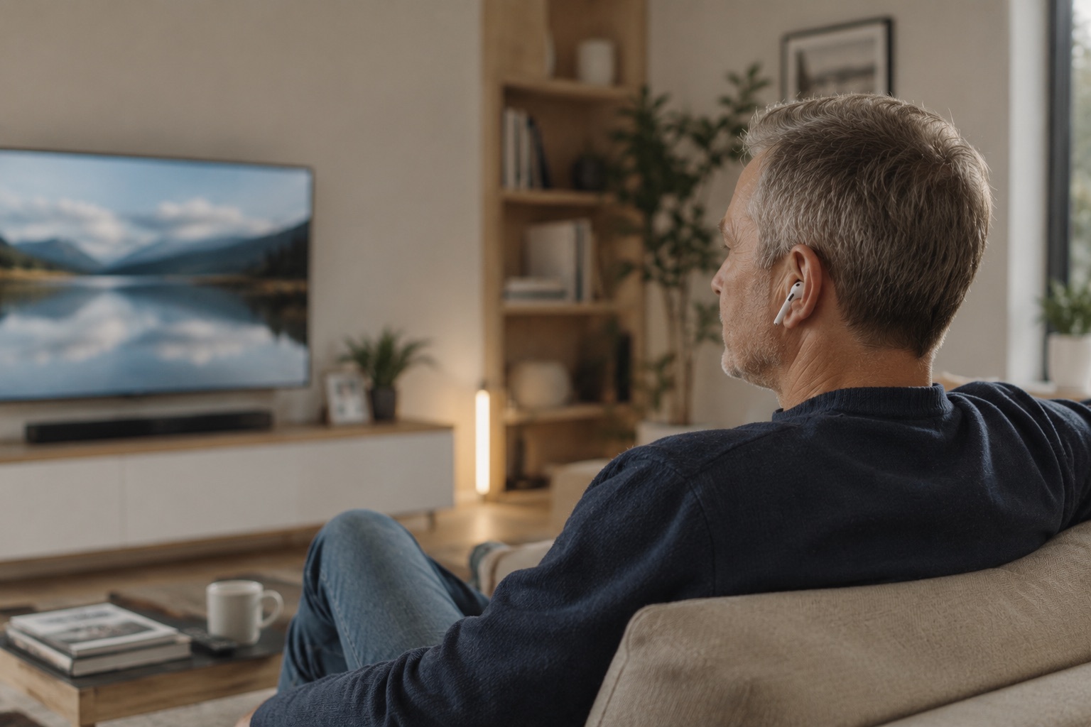 Person using AirPods while watching television at home