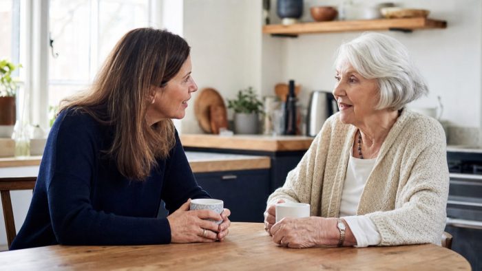 Adult child talking gently with a parent at home