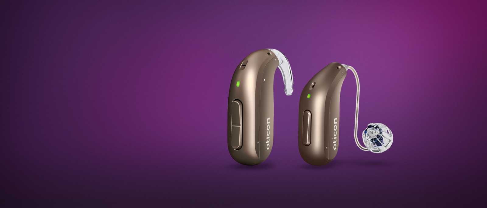 Oticon Intent hearing aids on a purple background