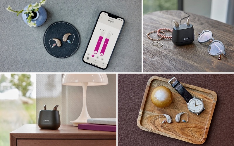 Oticon Intent hearing aids with charger and smartphone app