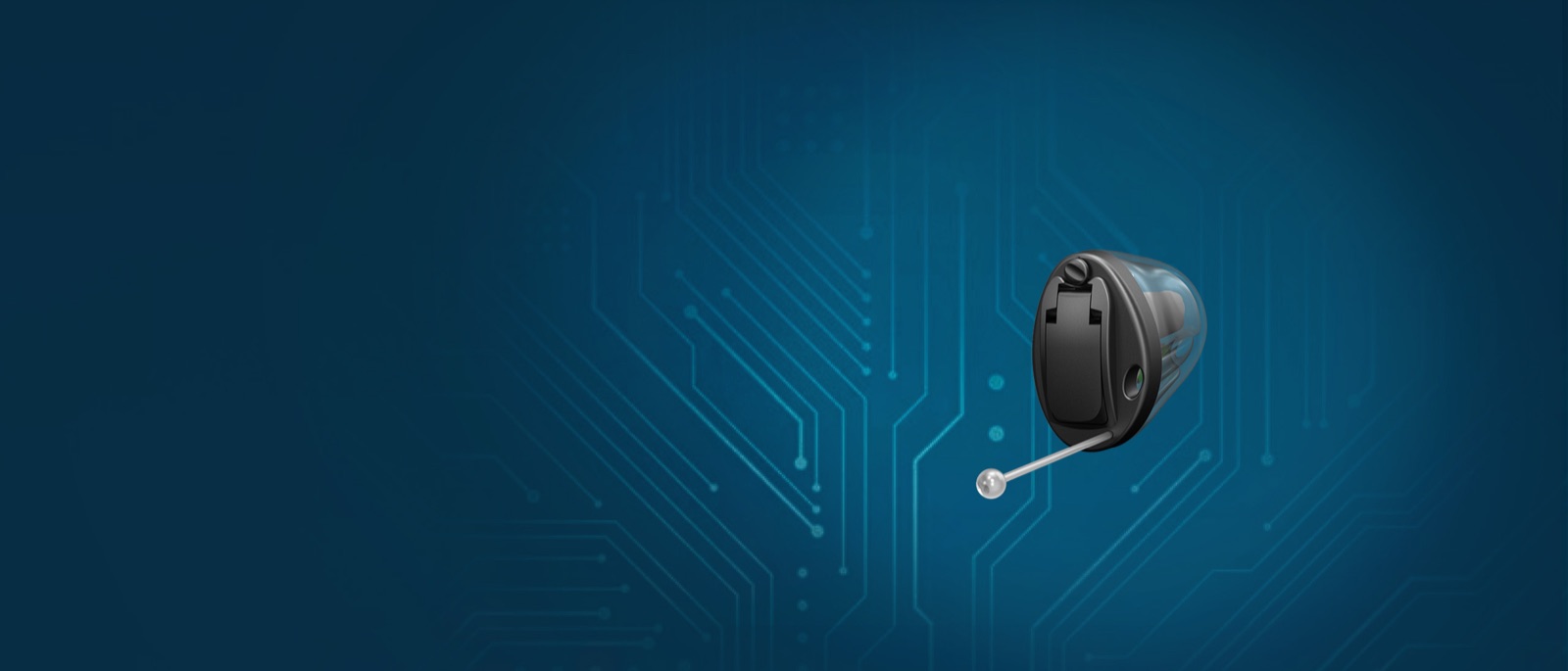 Oticon Own SI custom in-ear hearing aid on a blue background
