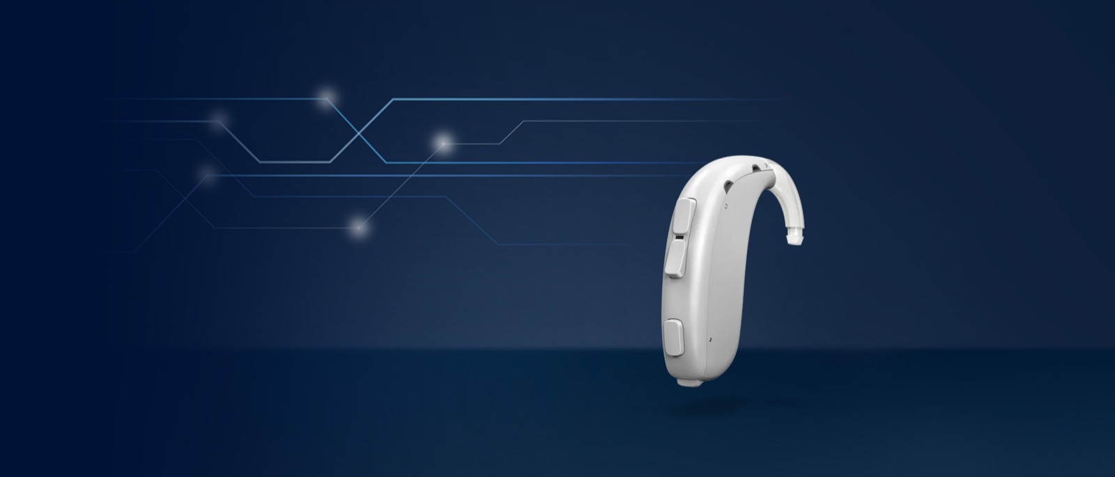 Oticon Xceed power hearing aid on a blue background