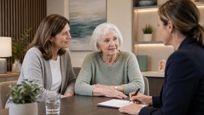 Audiologist discussing a hearing assessment with a parent and adult child