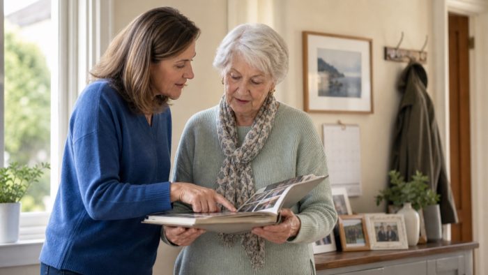 Adult child discussing family photos with an older parent