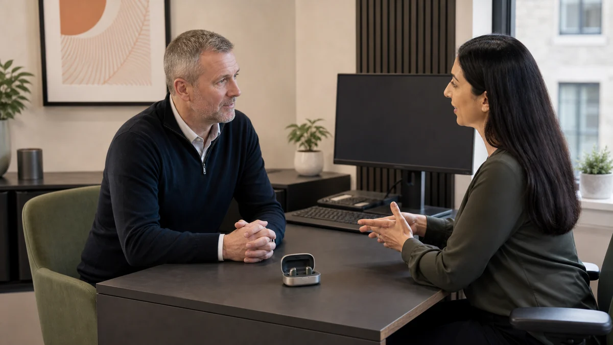 Audiologist discussing hearing aids with a patient in clinic