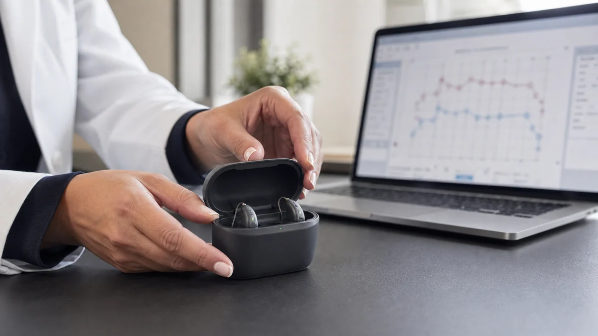 Hearing aid fitting being checked beside an audiogram screen