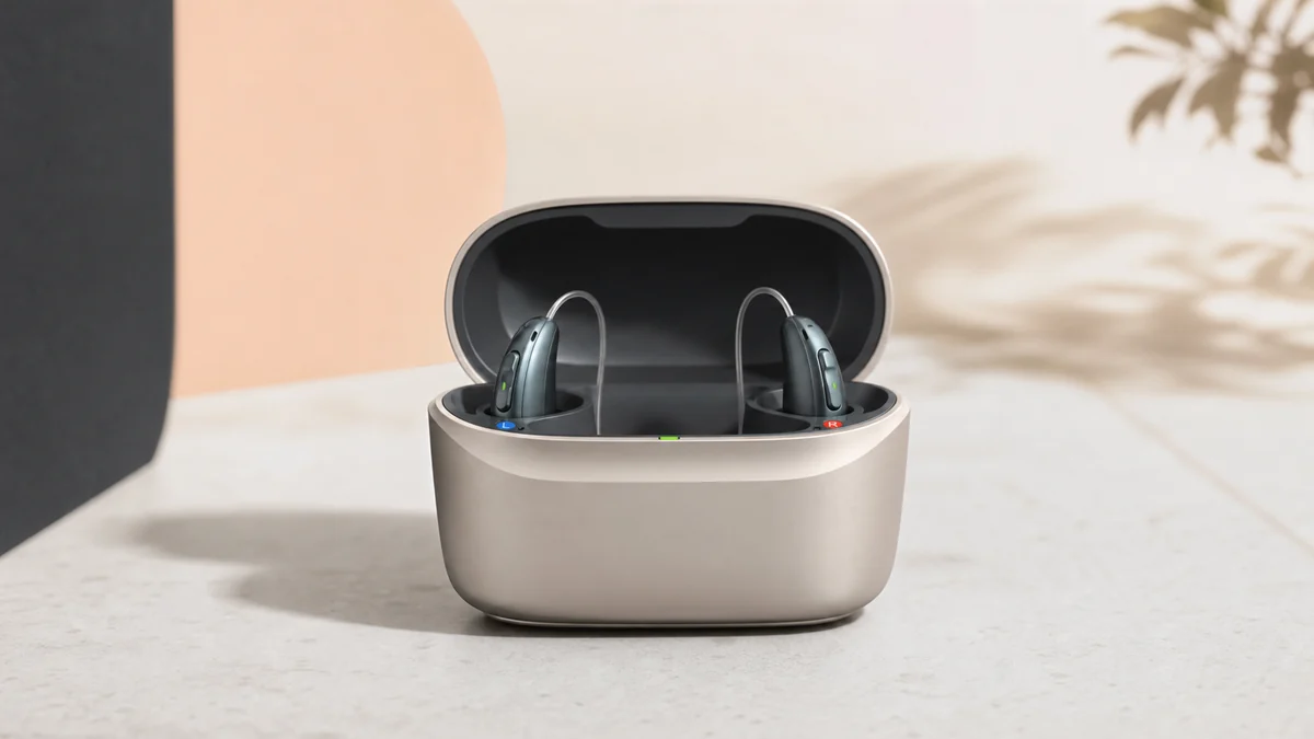 A pair of Phonak hearing aids in charger