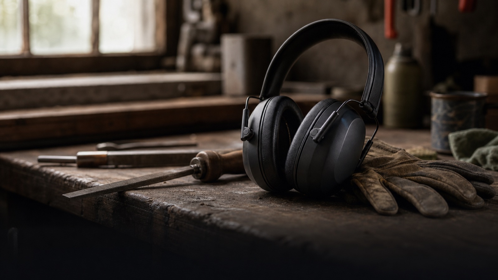 Ear defenders on a farm workshop bench as a reminder to keep hearing protection close to noisy jobs