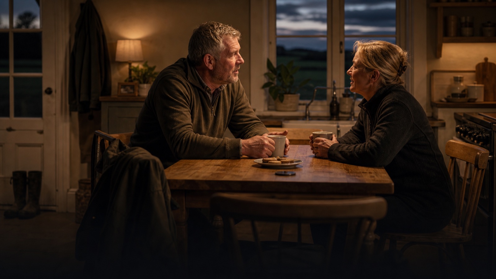 Farming couple talking at the kitchen table where hearing changes are often noticed at home