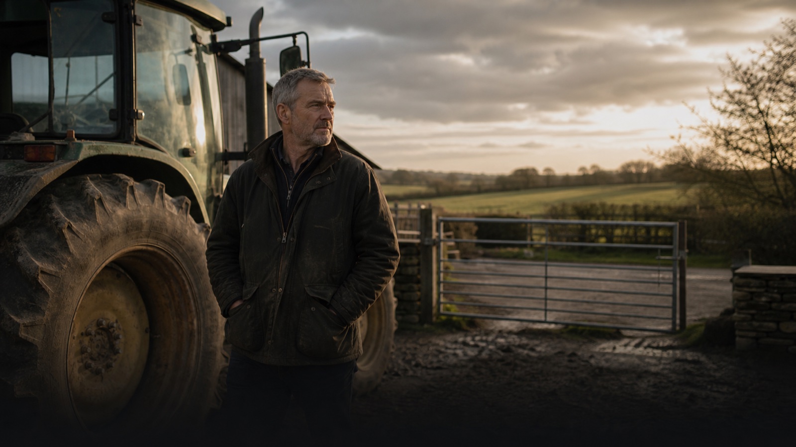 Farmer standing beside a tractor in a farmyard where long-term machinery noise can affect hearing.