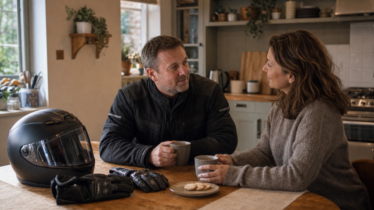 Motorcyclist talking at home after a ride, where hearing changes may first be noticed in conversation