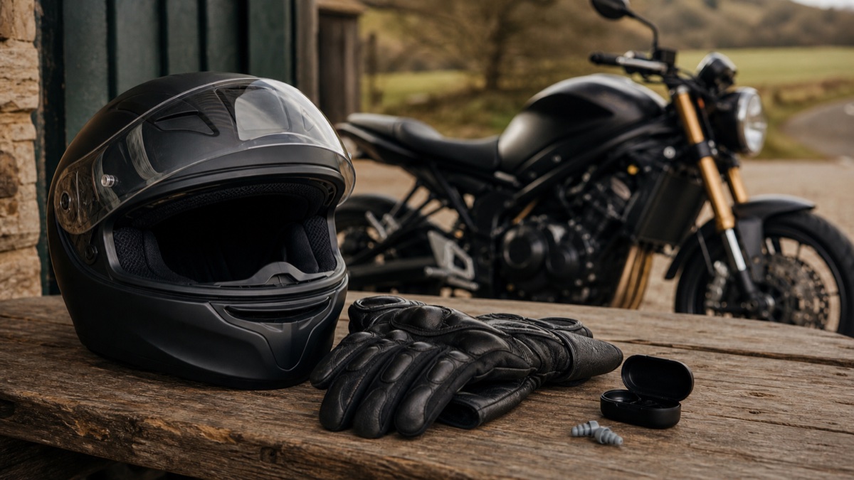 Motorcycle helmet, gloves and earplugs beside a parked bike, illustrating hearing protection for riders