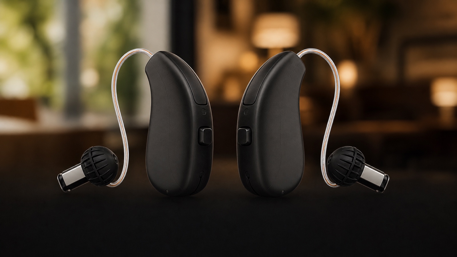 A pair of black receiver in the canal hearing aids