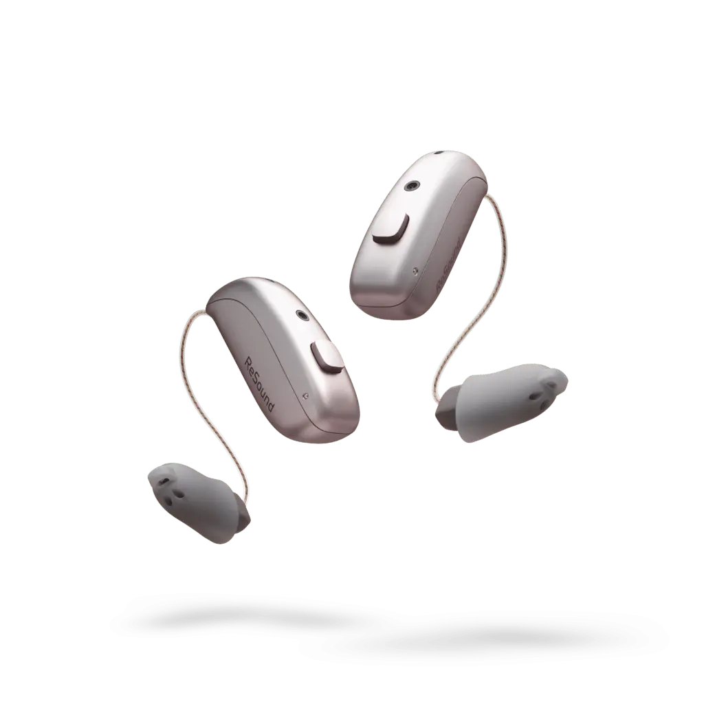 Pair of silver ReSound Sensia receiver-in-canal hearing aids