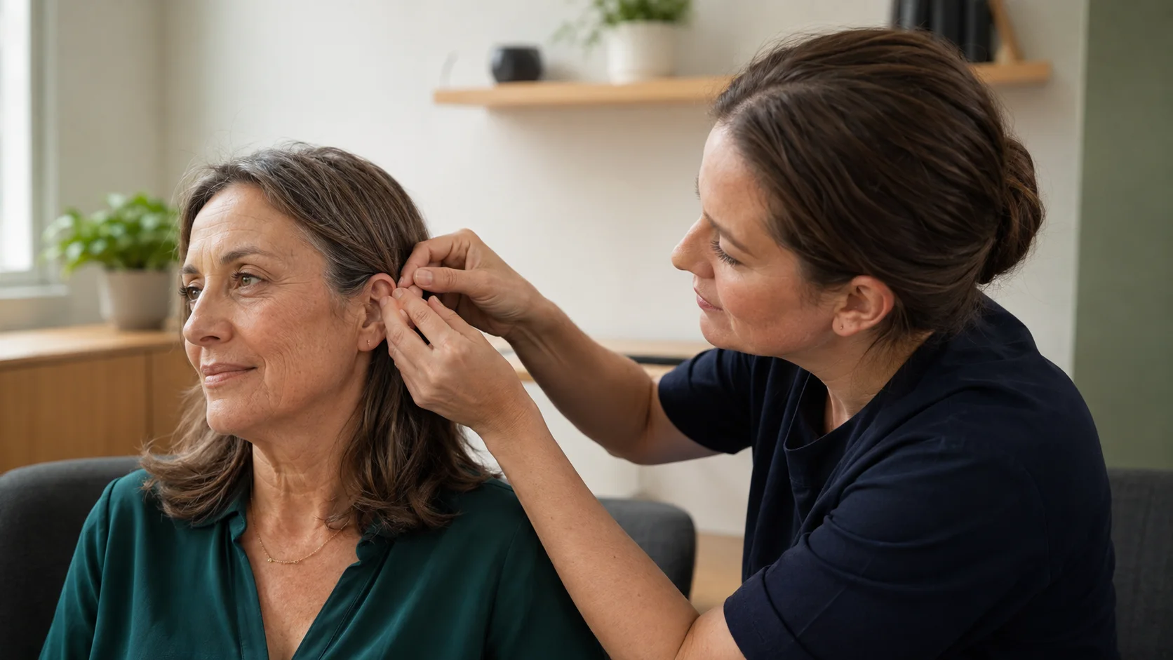 Audiologist checking the fit of a woman’s hearing aid behind her ear.
