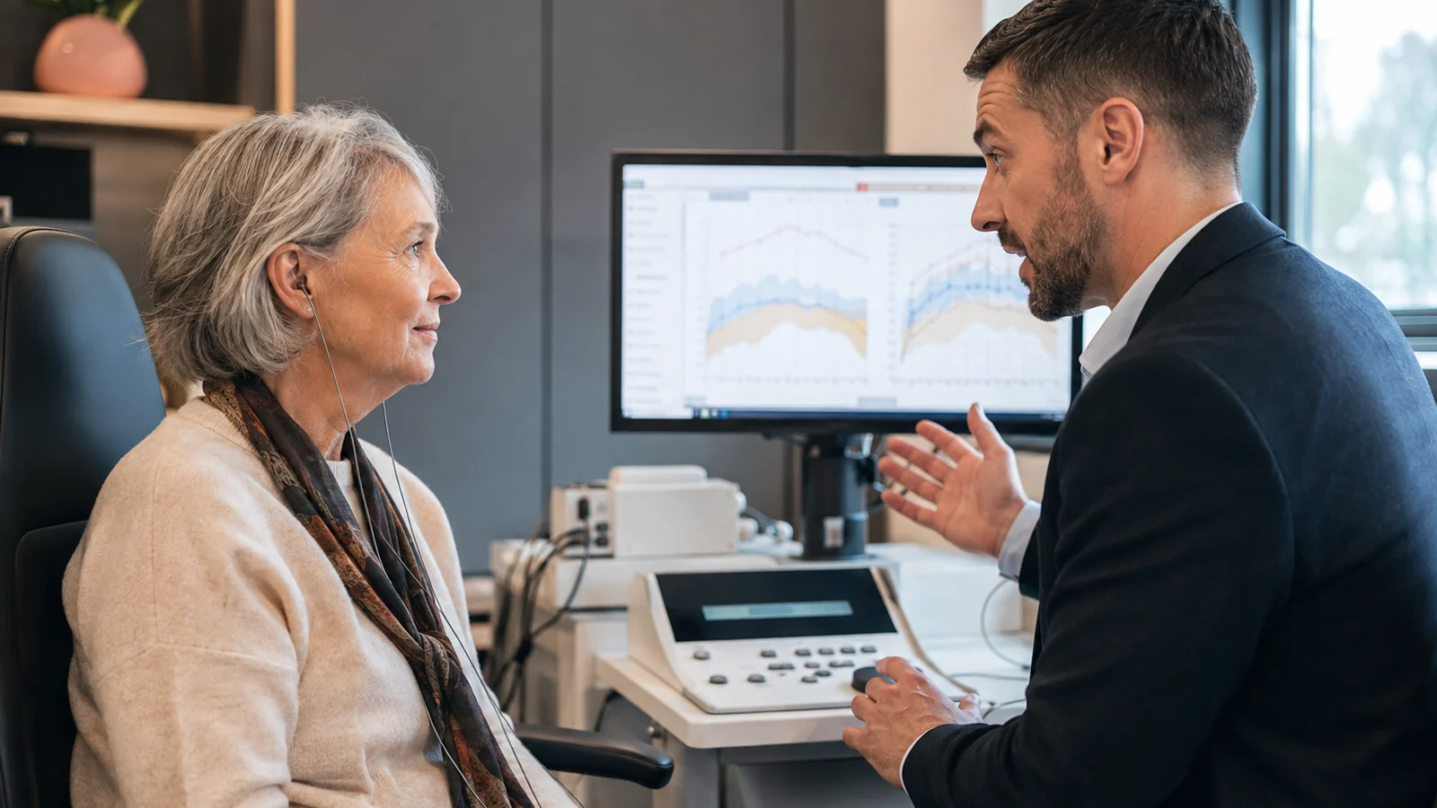 Audiologist carrying out Real Ear Measurements during a hearing-aid fitting