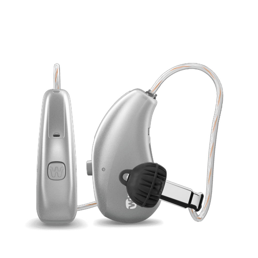 Two silver Widex Moment hearing aids, showing the case, receiver wire and ear dome