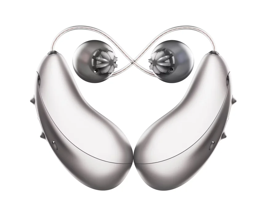 Pair of silver Unitron Moxi S-RX rechargeable hearing aids