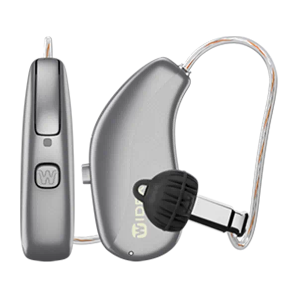 Widex Allure AI RIC hearing aids in titanium grey