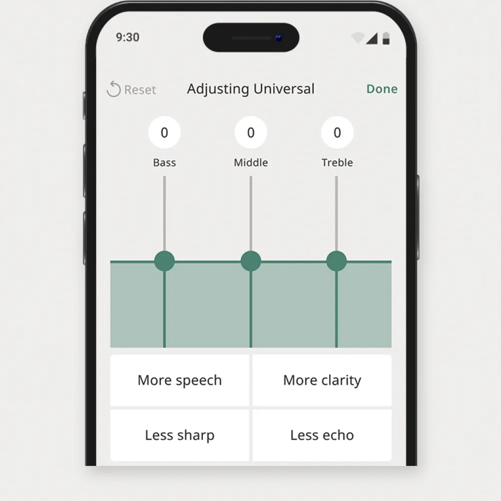 Widex Allure app showing separate Bass, Middle and Treble controls